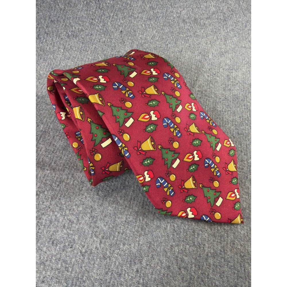Christian Dior Monsieur Necktie Mens Burgundy Christmas Tree Candy Cane Silk - Picture 2 of 5